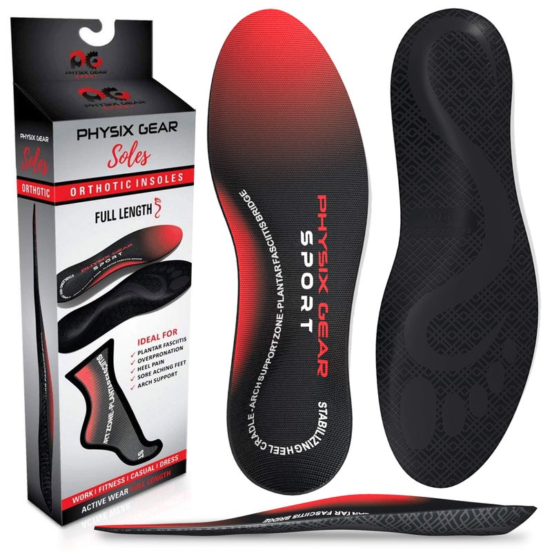 Physix Gear Sport Physix Gear Orthotic Insoles for Men & Women - Arch Support Orthotics Insole, Orthopedic Insoles, Inserts for Men & Women, Foot Insoles for Plantar Fasciitis Comfort, Shoe Insert, Feet, Red/Black, XS - Image 1